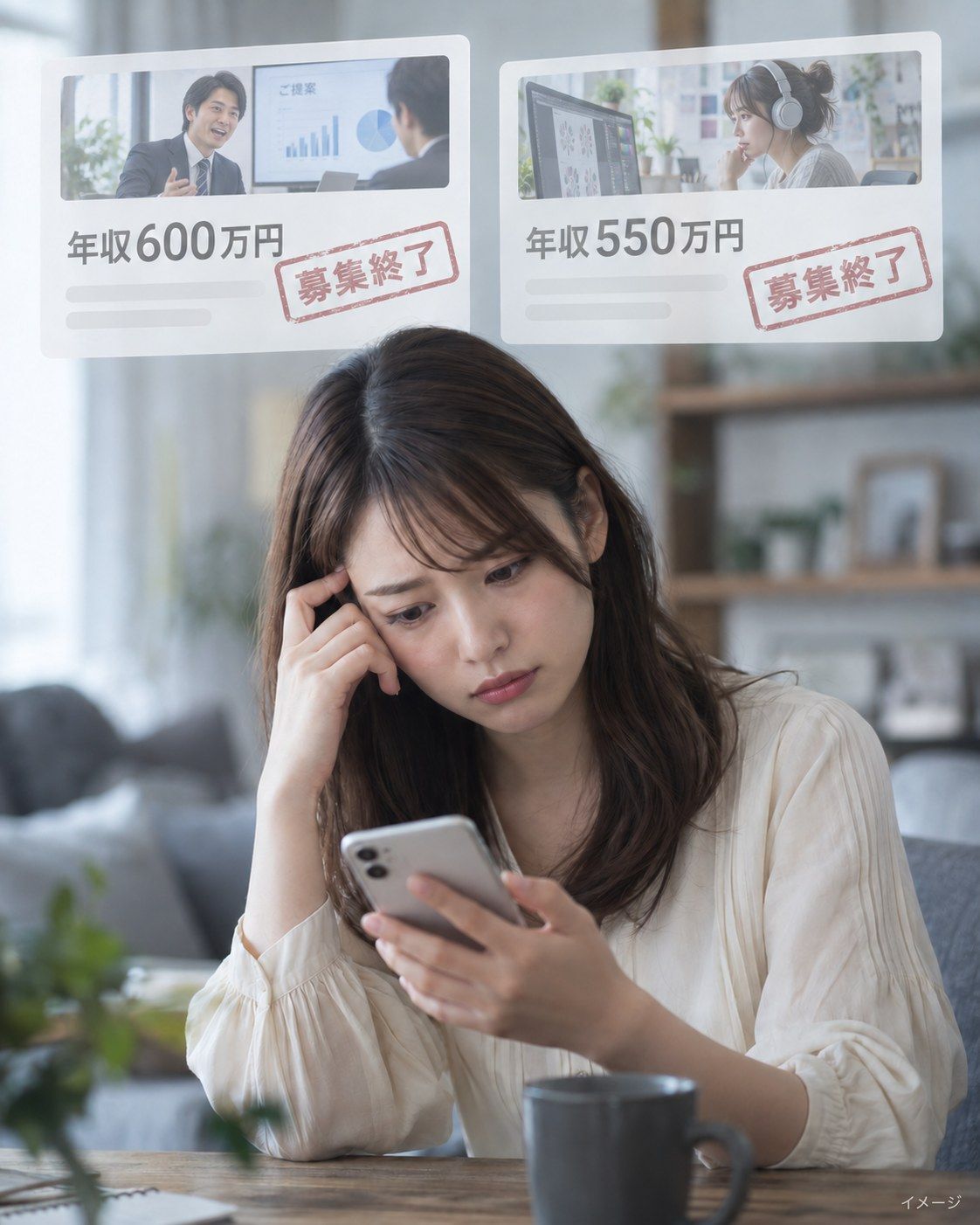 年収600万円と550万円の求人が募集終了になり、スマートフォンを見て困る女性のイメージ